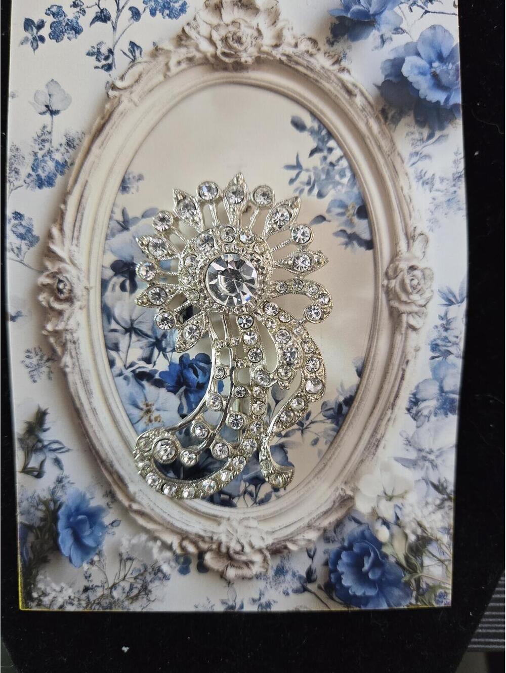 Elegant Vintage Rhinestone Peacock Brooch Pin and card